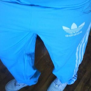 Adidas womans light blue pants white tank biker gloves close logo