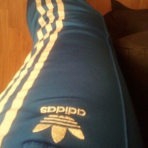 Adidas womens light blue pants high angle logo shot