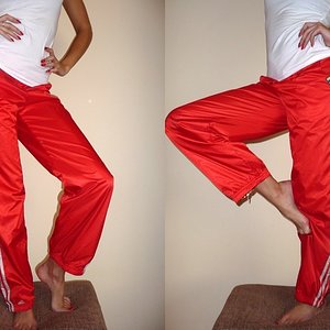 Adidas womens red pants two shot pose