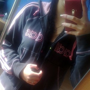 Adidas womens black jacket pink writing stripes