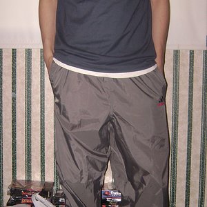 Gray Adidas Nylon Pants with Navy Stripes