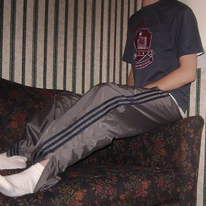 Gray Adidas Nylon Pants with Navy Stripes 2