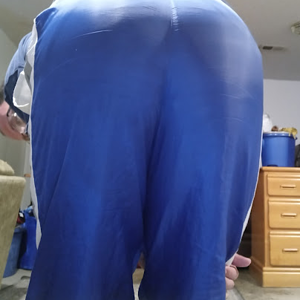 Me bending over in my blue shirt & my small blue GTM Sportswear Nylon Pants 1