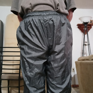 Hands behind my back in my Gray Shirt and my Medium Gray Athletic Works Nylon Pants 1A