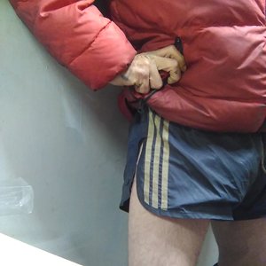 Red Nylon Puffer Jacket Blue Adidas Nylon Shorts