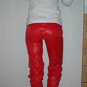 red nylon pants