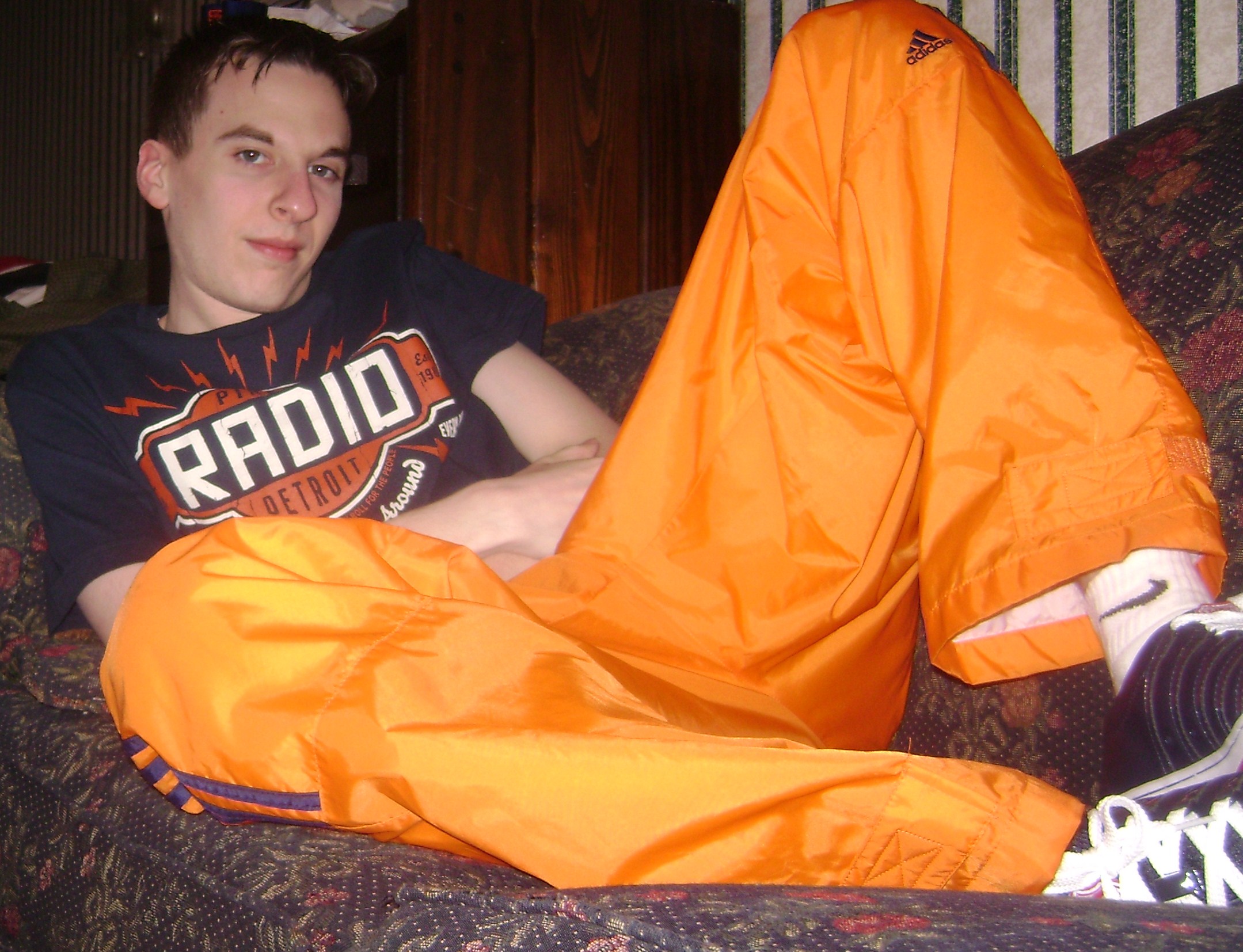 Adidas Orange Pants with Navy Stripes