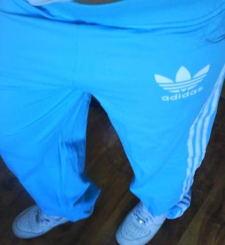 Adidas womans light blue pants white tank biker gloves close logo