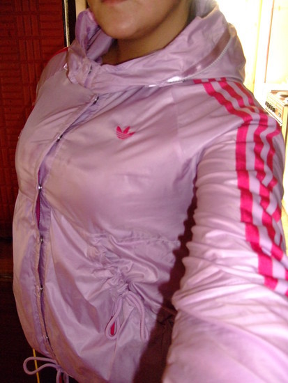 Adidas womans shiny light pink top with dark pink trim semi front