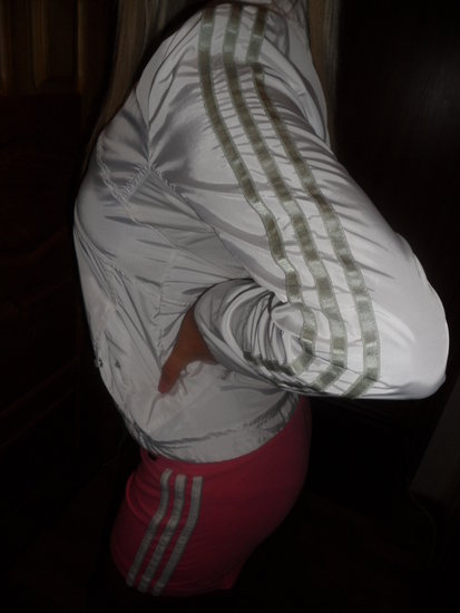 Adidas womans silver jacket with red and white pants