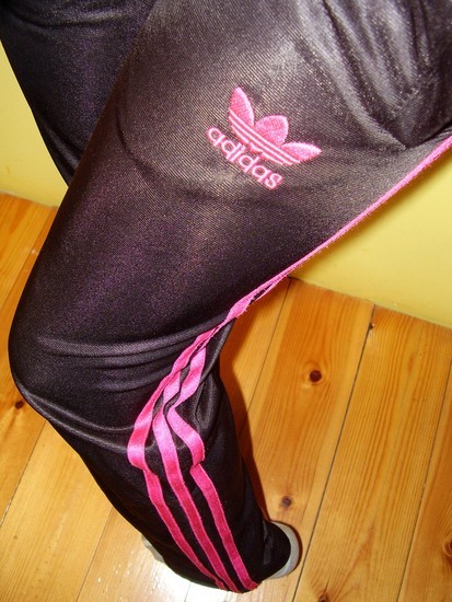 Adidas womens black pants small pink logo side angle shot