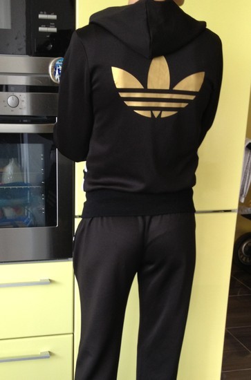 Adidas womens black suit gold huge logo