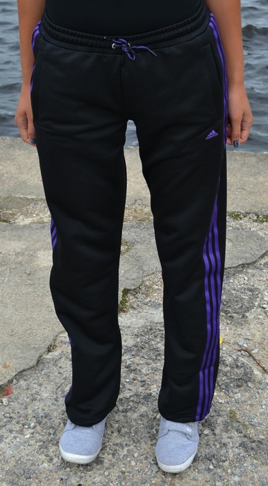 Adidas womens  black tight pants purple front view