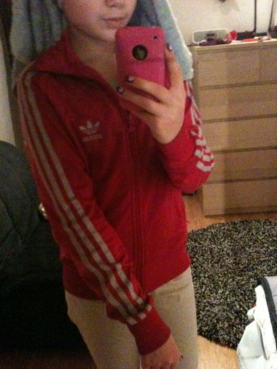 Adidas womens red jacket white stripe camera