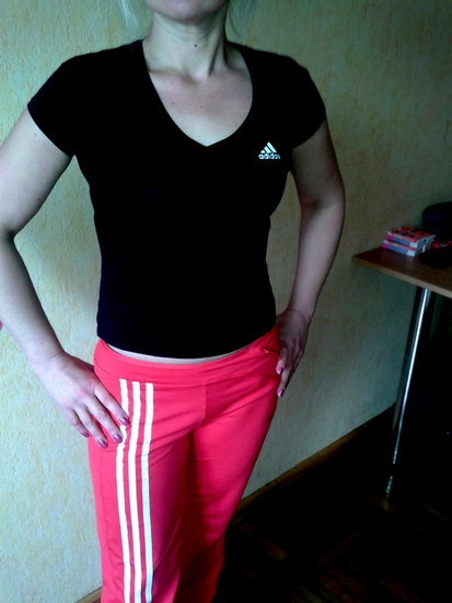 Adidas womens red pants white stripe black tshirt