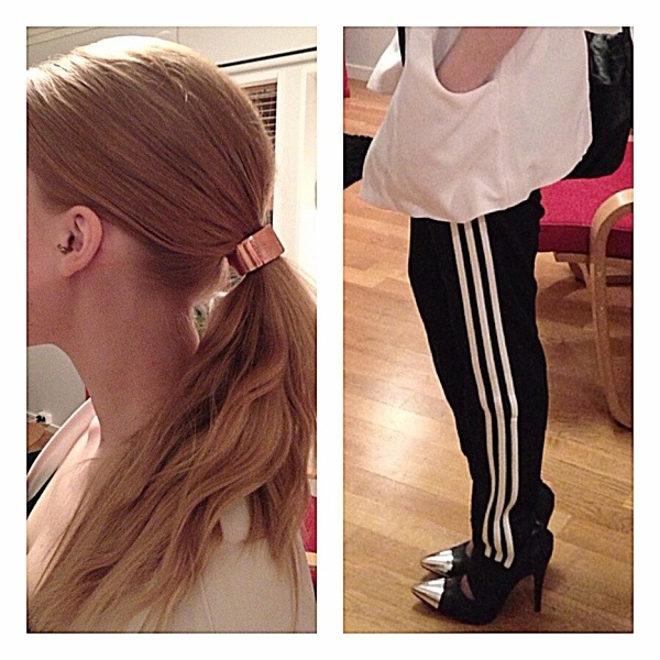 Girl with black/white adidas pants and heels