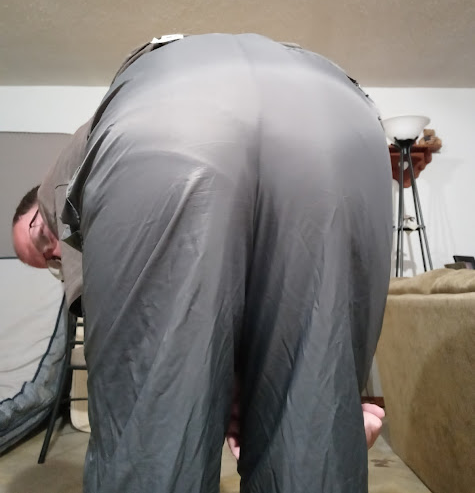 Me bending over in my Gray Shirt and my Small Gray Athletic Works Nylon Pants 1A