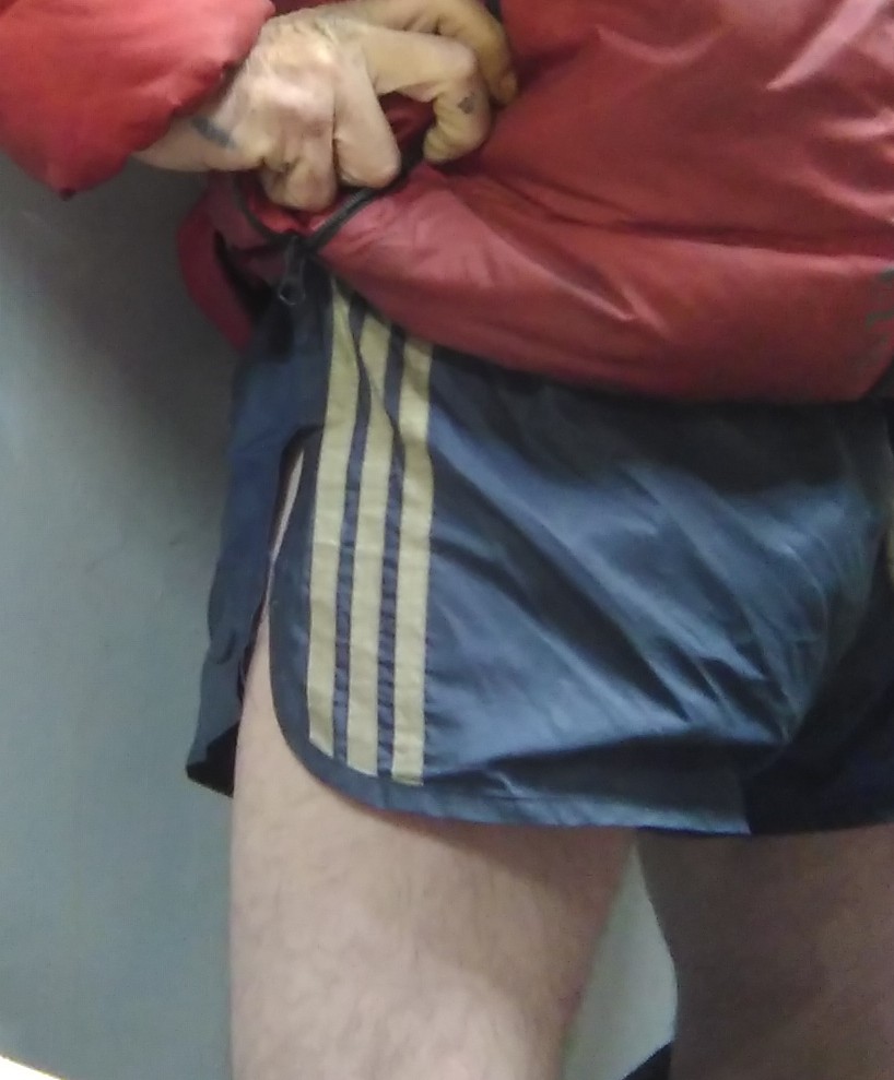 Red Puffer Jacket, vintage Adidas nylon shorts, red shiny nylon jockeys